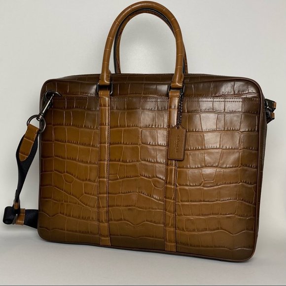 Coach Brown Croc-Embossed Laptop Bag - Picture 7 of 14